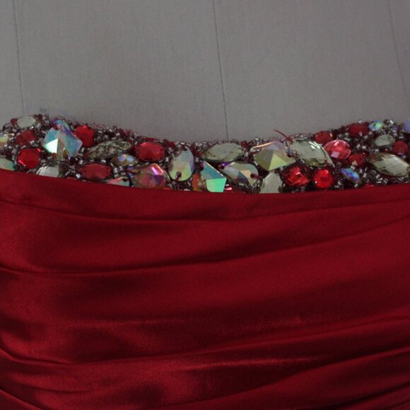 2000's Y2K Tony Bowles Red Satin Rhinestoned High Slit Satin Evening Gown Prom - Picture 6 of 9